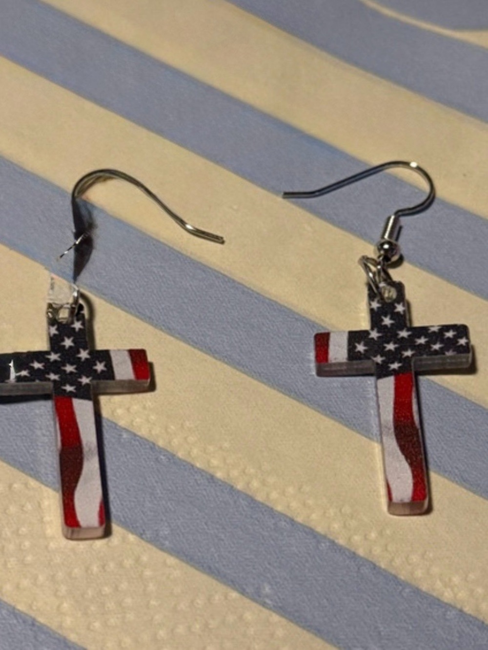 American Flag Cross Dangle Earrings - Red, White & Blue